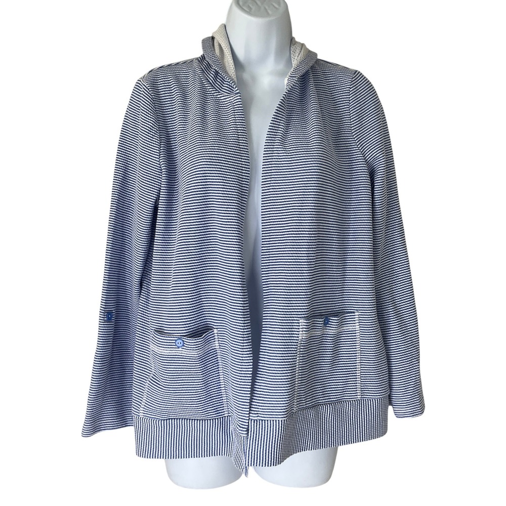 Talbots Womens Blue White Striped Hooded Cardigan‎ Jacket Sz L P Maritime Beach